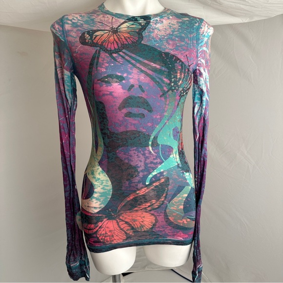 GO Jeans Los Angeles multicolor butterfly print burnout long sleeve t-shirt - Picture 1 of 10